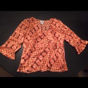 Loft 8P orange and tan silk like top.